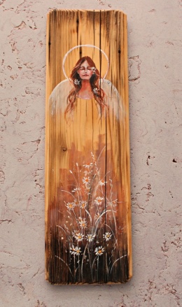 Deska Retro Anioł w złocieniach dł. 40 cm x szer. 12 cm